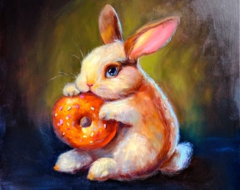 Rabbit Painting Original Art Donut Artwork Oil Painting Original Painting Animal Painting Nursery Wall Art 12" by 12" by Zhanna Vitkovska