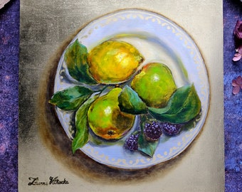 Pear Painting Original Art Lemon Painting Blueberry Artwork Fruit Still Life Painting Gold Painting 12" by 12" by Zhanna Vitkovska