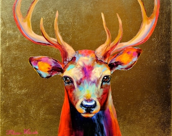 Deer Painting Original Art Animal Artwork Gold Painting Original Oil Painting 20” by 20” by Zhanna Vitkovska