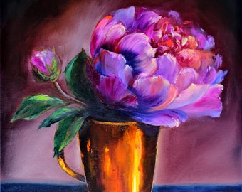 Peony Painting Original Art Floral Still Life Artwork Oil Painting Original Painting 12" by 12" by Zhanna Vitkovska