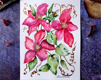 Clematis Painting Original Art Watercolor Flower Artwork Red Clematis Painting Original Artwork 9" by 12" by Zhanna Vitkovska