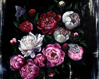 Peony Painting Original Art Flower on Black Background Painting Oil Painting Flower Canvas Original Painting 24" by 24" by Zhanna Vitkovska