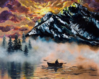 Grand Teton Painting Original Art Mountain Landscape Artwork Sunset Lake Painting Gold Leaf Original Painting 30" by 30" by Zhanna Vitkovska