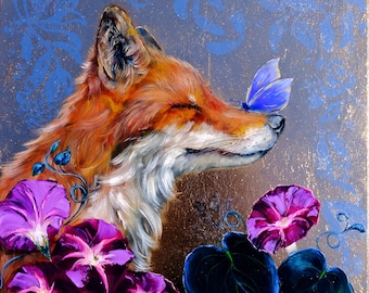 Red Fox Painting ORIGINAL Art Butterfly Painting Animal Original Painting Gold Leaf Painting Oil Painting 12" by 12" by Zhanna Vitkovska