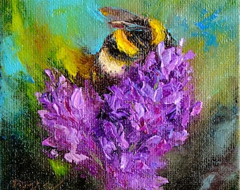 バンブルビーの絵画 オリジナルアート ラベンダーアートワーク 花の絵画 蜂の絵画 4" x 4" ザンナ・ヴィトコフスカ作