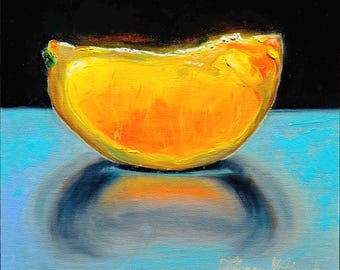 May include: An oil painting of a single orange citrus wedge with a textured, vibrant yellow-orange surface. The wedge sits on a bright blue horizontal plane against a solid black background, casting a dark, rounded shadow beneath it.
