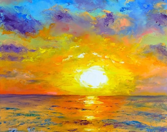 Sunrise Ocean Painting ORIGINAL Art Seascape Artwork Oil Sunset