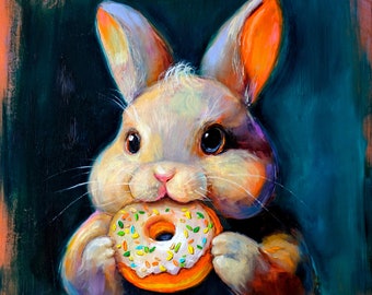 Rabbit Painting Original Art Donut Artwork Oil Painting Original Painting Animal Painting Nursery Wall Art 10" by 10" by Zhanna Vitkovska