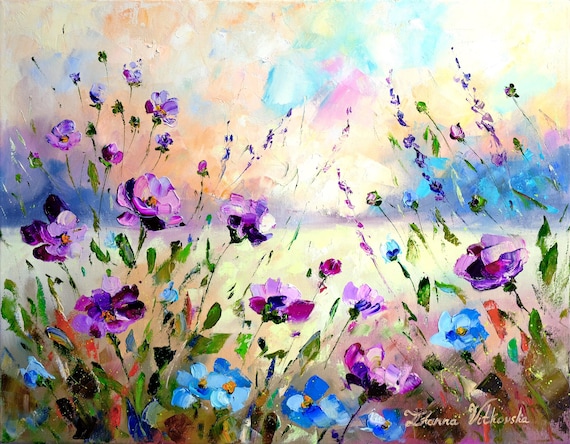 Original Wildflower Oil Painting: Impasto Meadow Art Floral Canvas