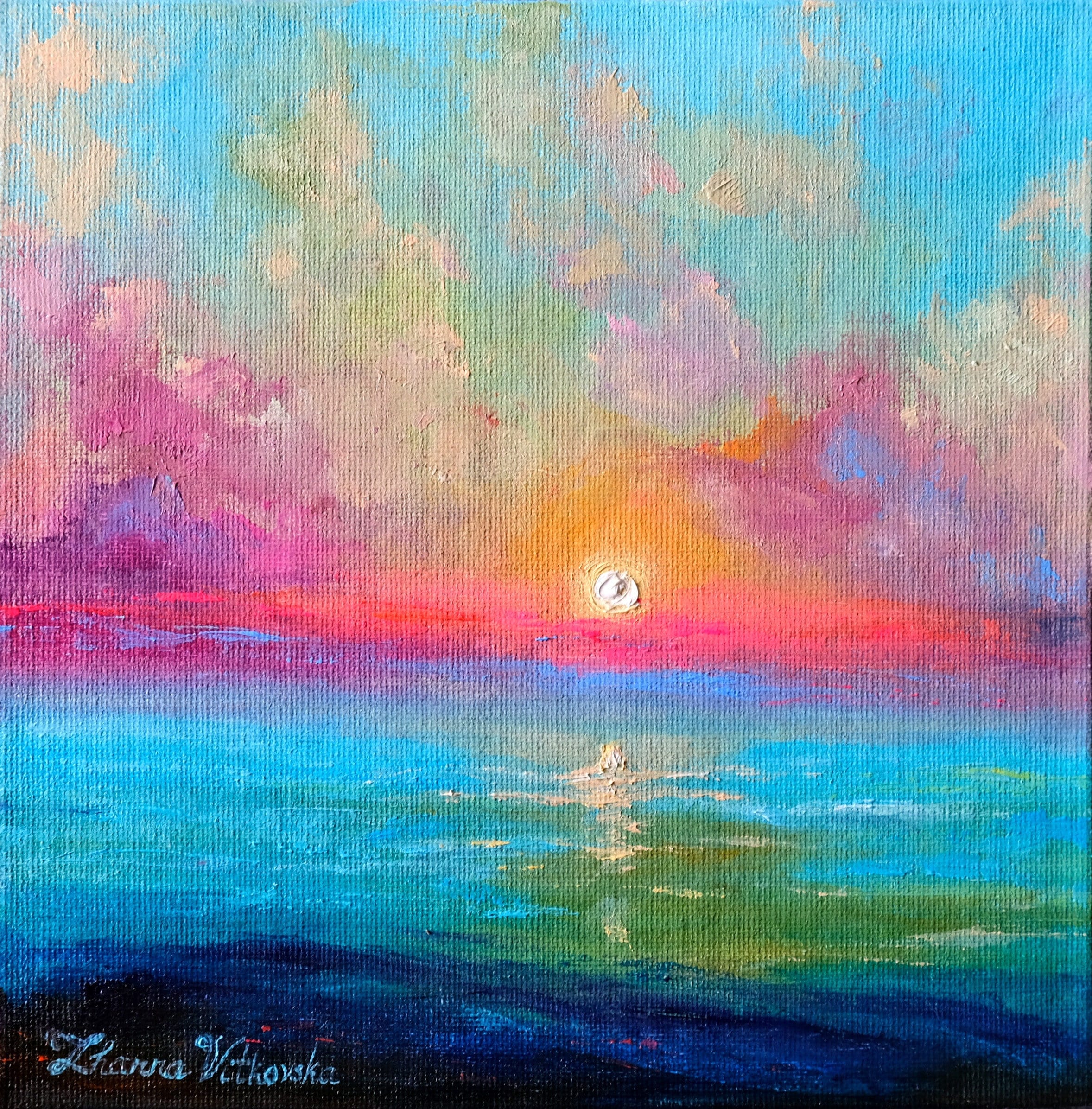 油彩画　8号　Love and peace Pink Sunrise Painting Original Painting 8
