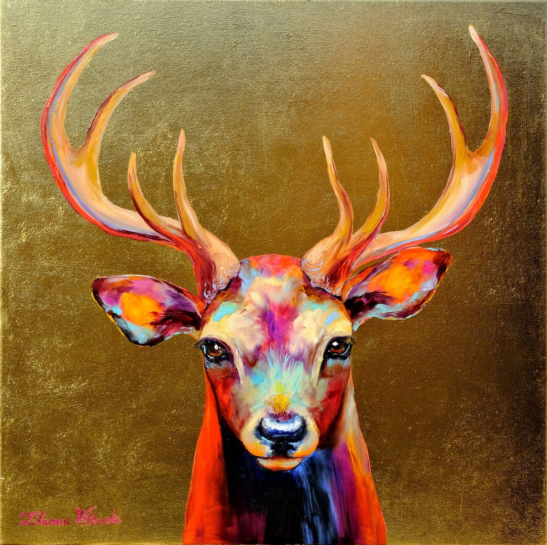 Deer Painting Original Art Animal Painting Gold Leaf Artwork Original ...