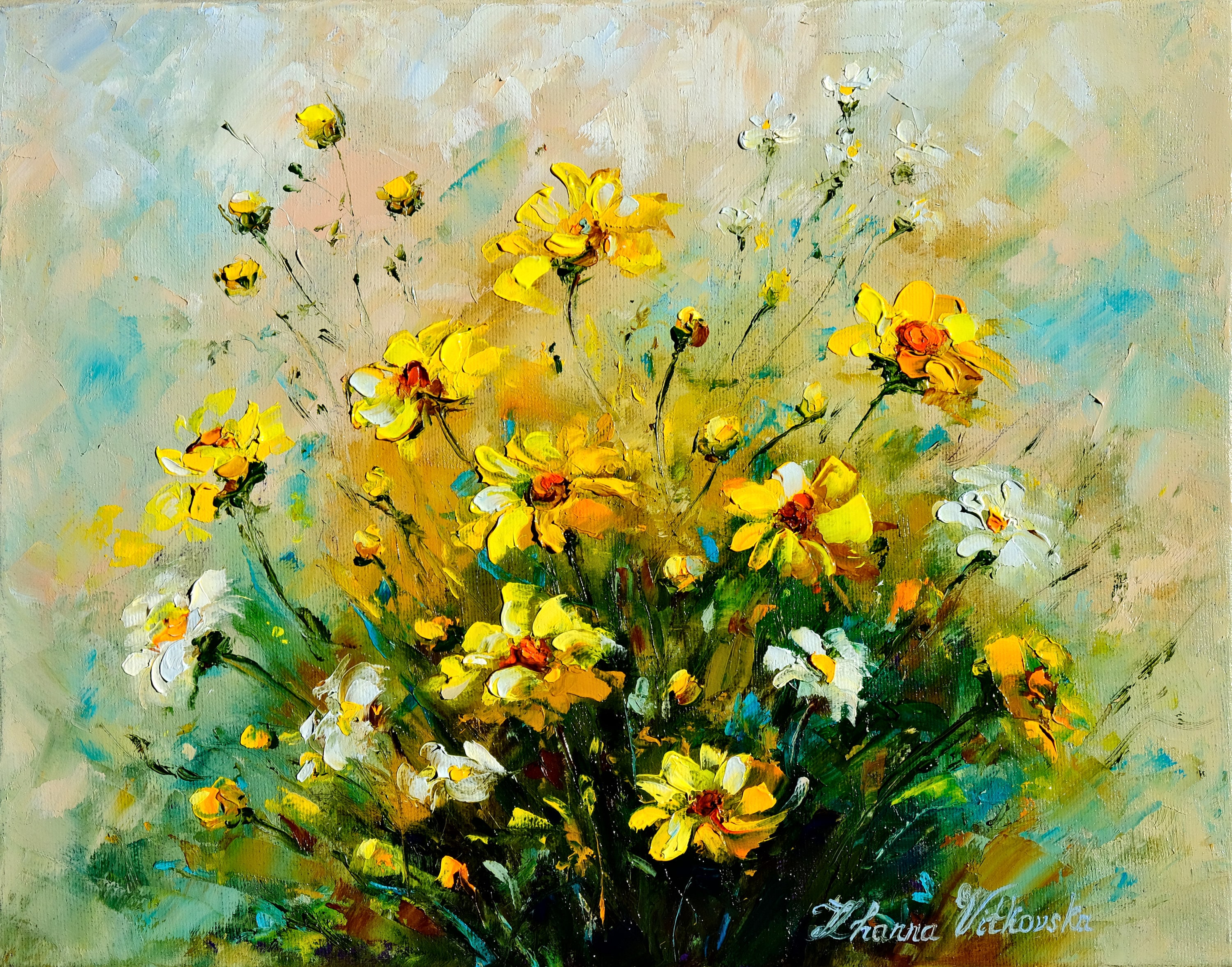 Wildflower Original Floral Oil Painting Yellow Daisy Art Impasto Meadow ...