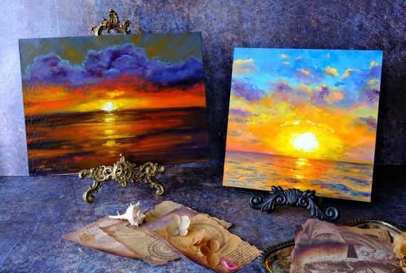 油彩画「Осеннее раздумье」 1946年 Kazonn O.A. Sunset Painting Original Art Sunrise Painting Seascape