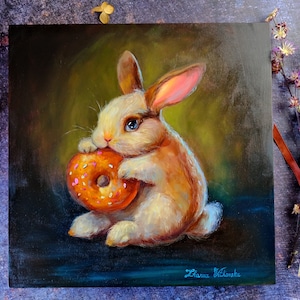 Rabbit Painting Original Art Donut Artwork Oil Painting Original Painting Animal Painting Nursery Wall Art 12 by 12 by Zhanna Vitkovska Bild 9