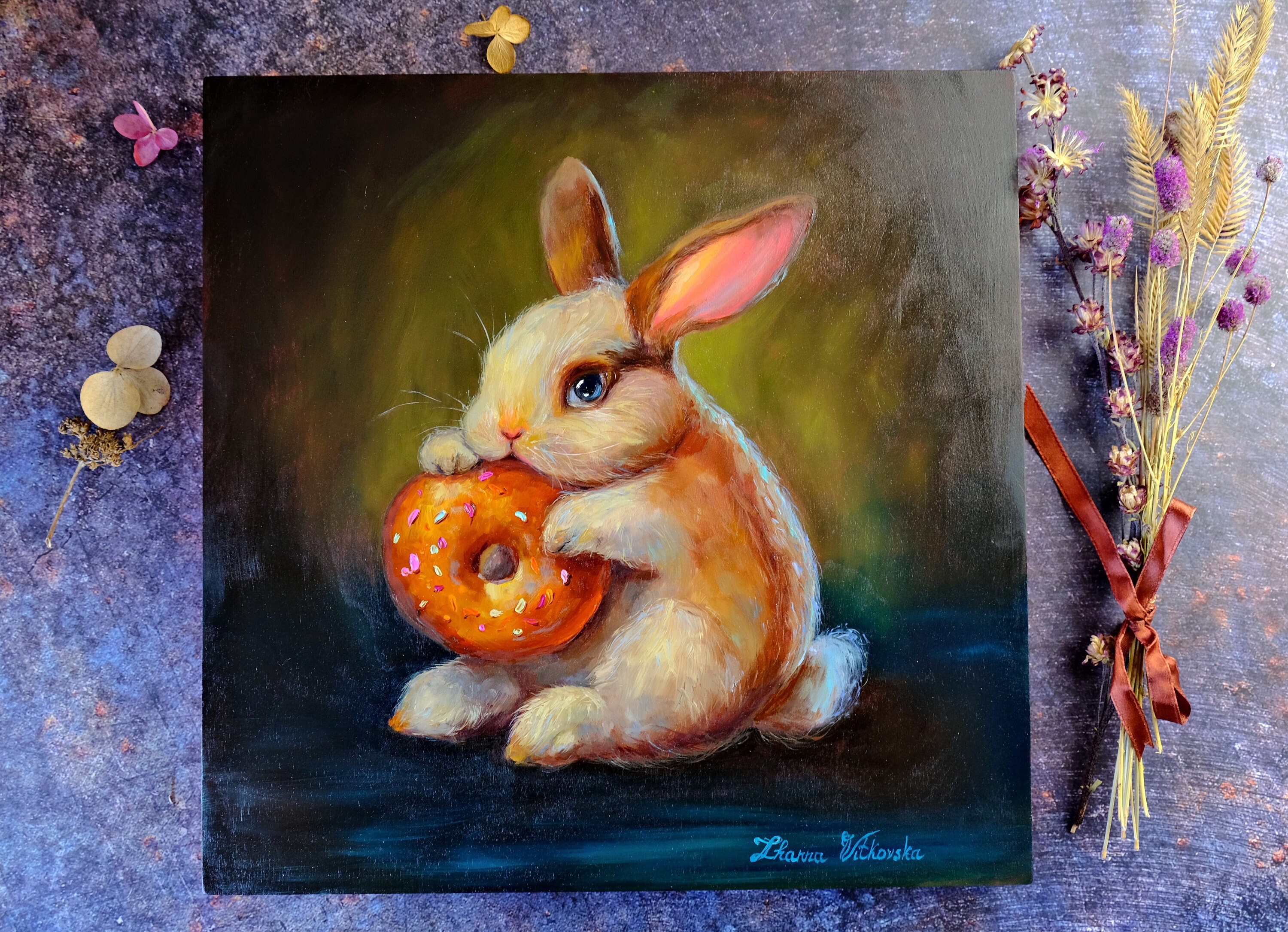 Rabbit Painting Original Art Donut Artwork Oil Painting Original