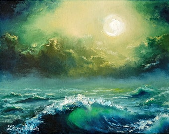 夜の海の油絵：アレクサンダー・シェンデロフによるキャンバスに描かれ