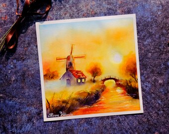 風車の絵画 オリジナルアート 夕焼けの絵画 水彩画 オランダの田園風景