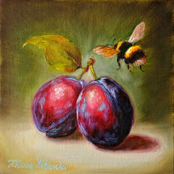 Plum Painting Original Art Bumblebee Painting Fruit Still Life Painting Oil Original Painting Bee Artwork 6" by 6" by Zhanna Vitkovska