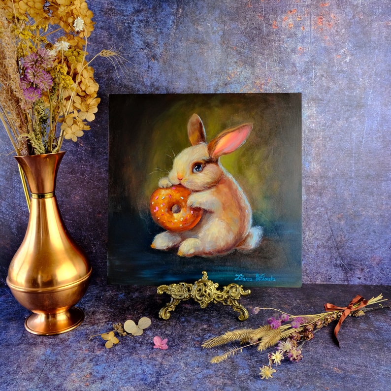 Rabbit Painting Original Art Donut Artwork Oil Painting Original Painting Animal Painting Nursery Wall Art 12 by 12 by Zhanna Vitkovska image 5