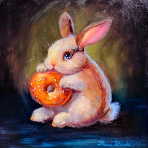 Rabbit Painting Original Art Donut Artwork Oil Painting Original Painting Animal Painting Nursery Wall Art 12 by 12 by Zhanna Vitkovska image 3