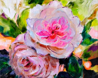 Rose Painting Original Art Oil Painting Roses Bouquet Original Artwork 8" by 8" by Zhanna Vitkovska
