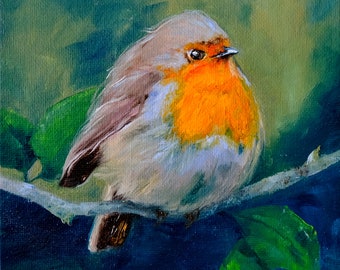 Robin Painting Bird Original Art Robin Artwork Small Oil Painting Original Painting 6" by 6" by Zhanna Vitkovska