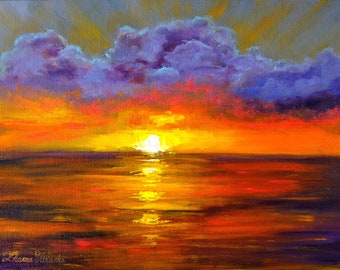 Original Oil Painting Flaming Sunset Seascape Artwork (9x12) by