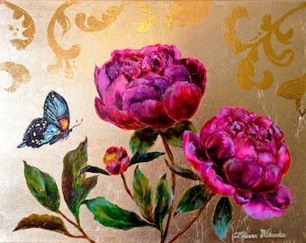 Peony Painting Original Art Purple Peony Art Butterfly Flower Painting Gold Leaf Painting Original Painting 14" by 18" by Zhanna Vitkovska