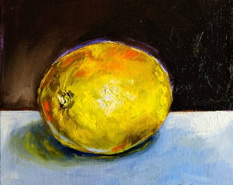 Lemon Painting Original Art Still Life Painting Black Background Artwork Lemon Still Life Fruit Wall Art 6" by 6" by Zhanna Vitkovska"