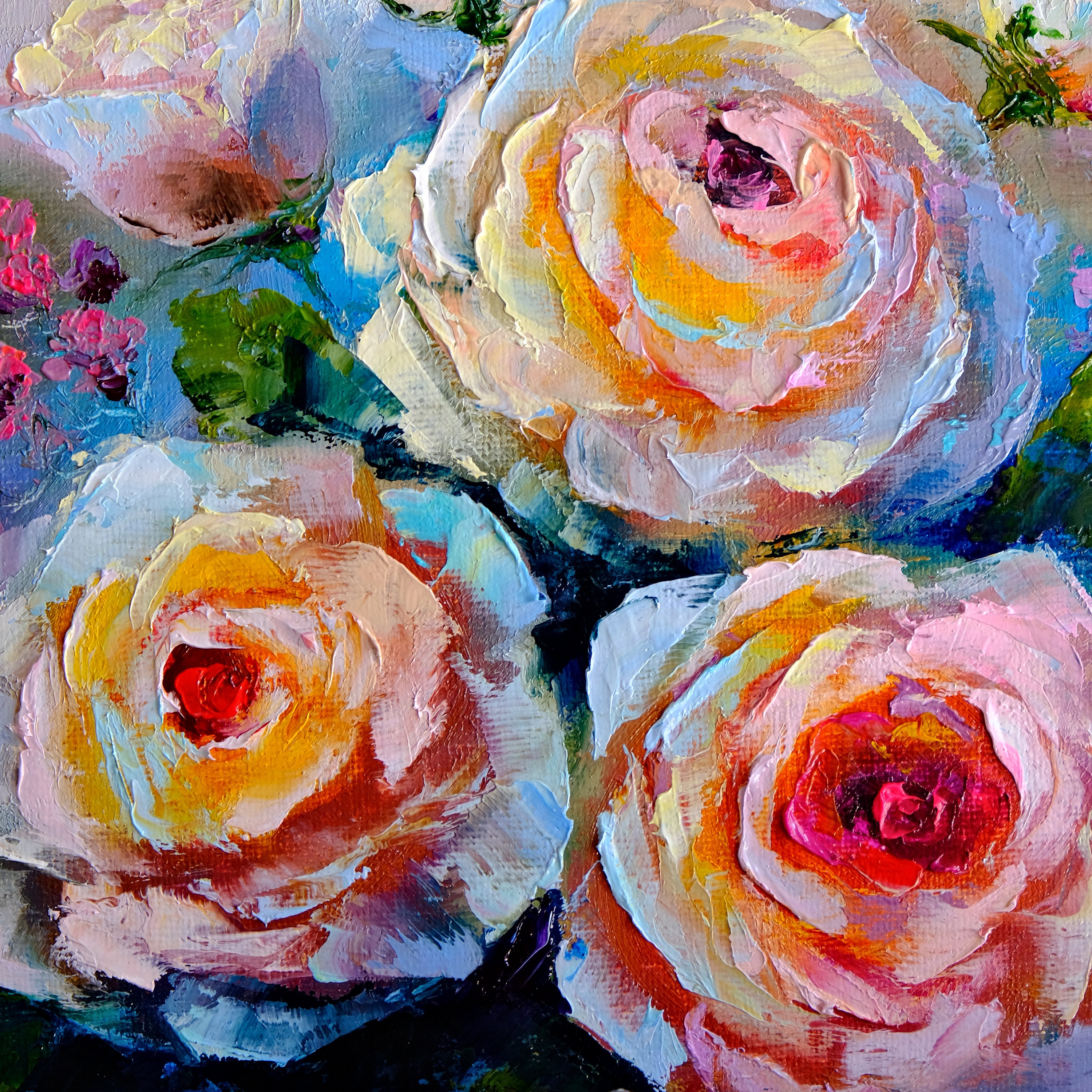 オリジナルのバラの油絵: 花のインパスト アート 8 インチ x 8 インチ