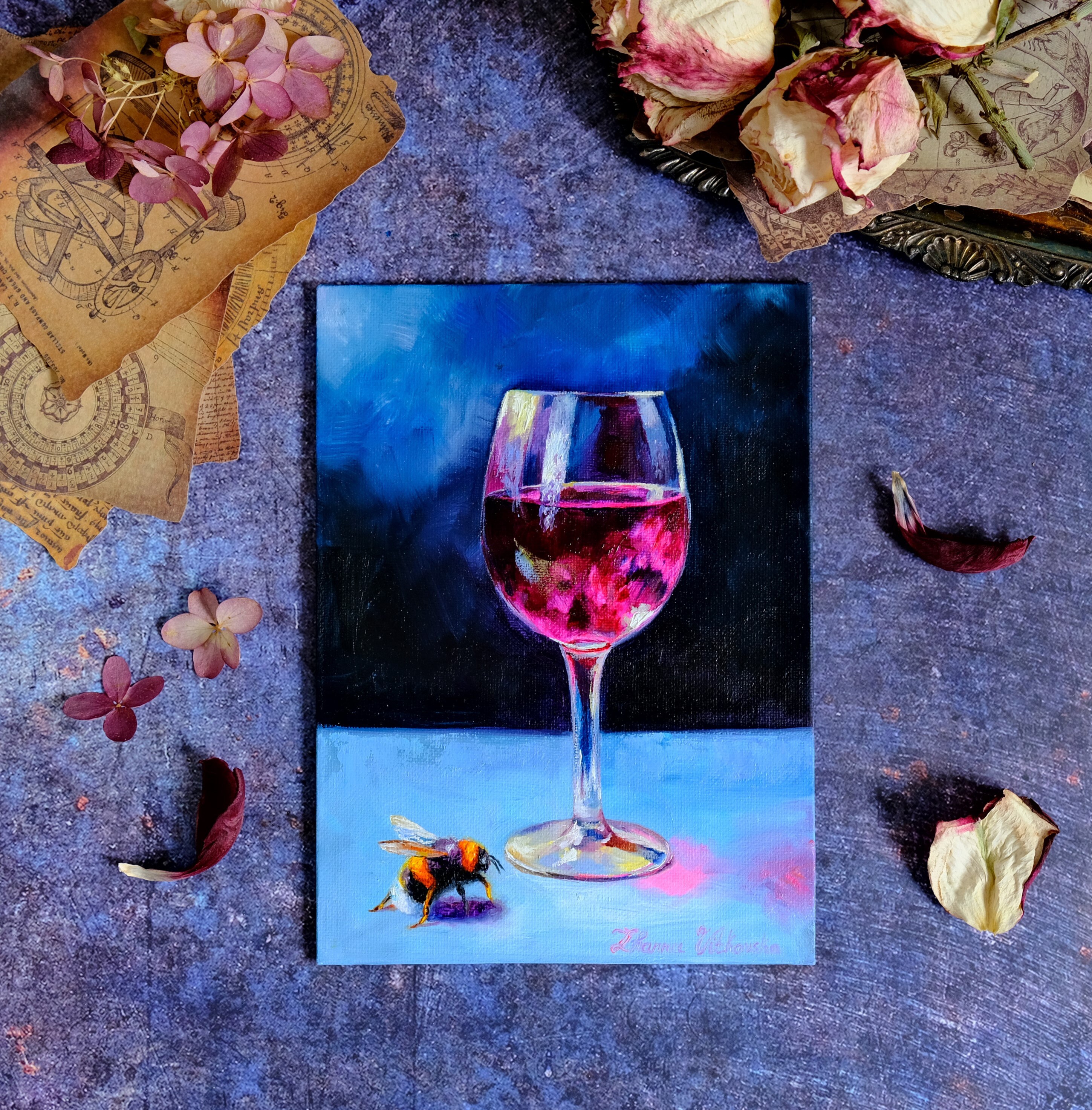 ジャンナ・ヴィトコフスカ作「バンブルビーとワイングラス」油絵