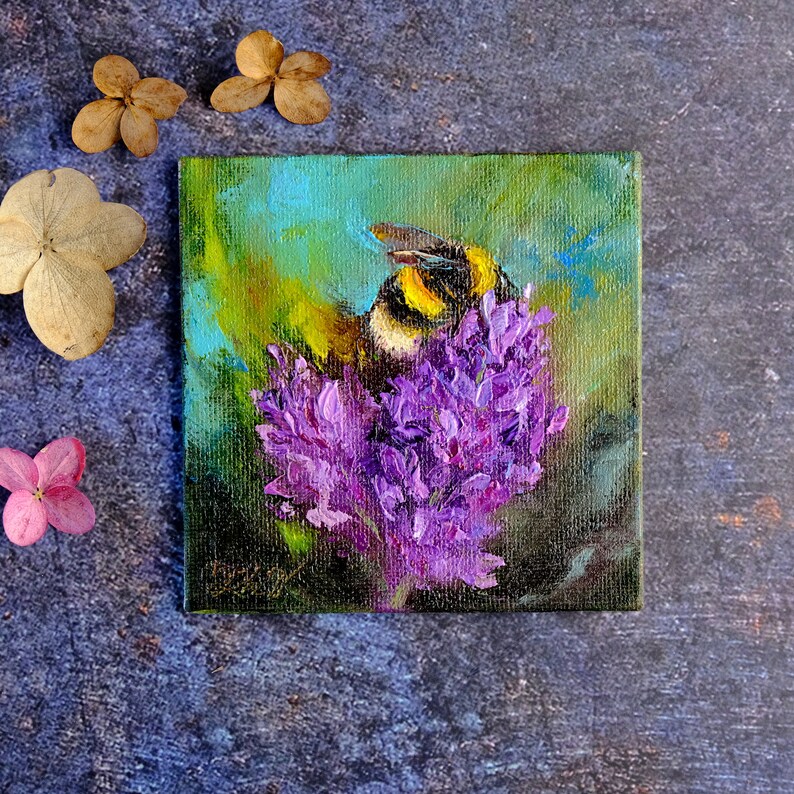 Bumblebee Painting Original Art Lavender Artwork Flower Painting Bee ...