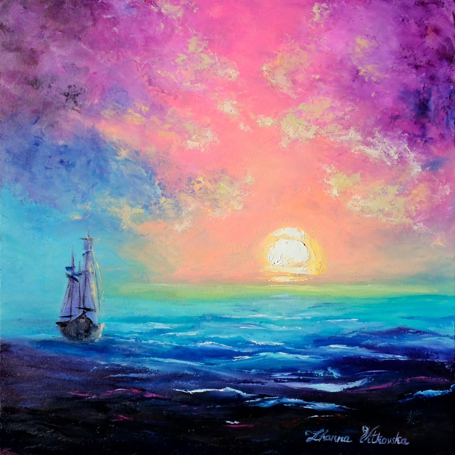 Ship Painting Original Painting Pink Sunrise Painting Seascape Artwork ...
