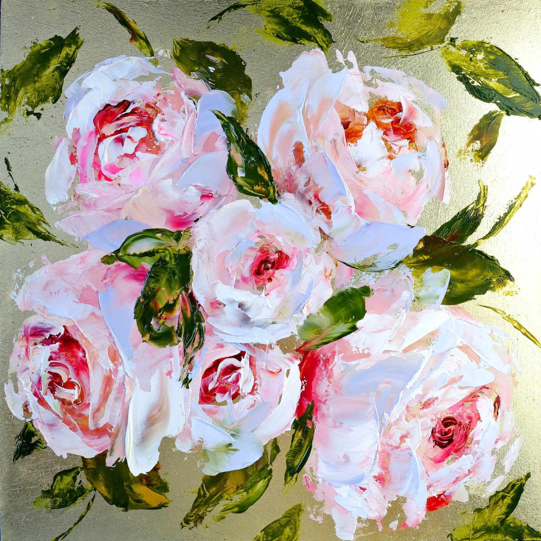 Rose Painting Original Art White Rose Artwork Gold Leaf Wall Etsy