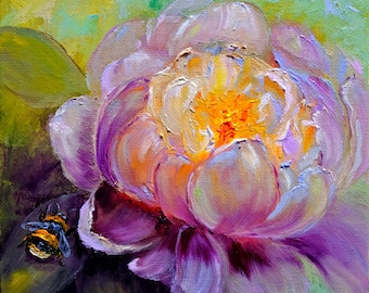 Peony Painting Original Art Bumblebee Painting Peonies Oil Painting Flower Canvas Artwork Original Painting 6" by 6" by Zhanna Vitkovska