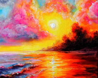 Flaming Sunset Oil Painting: Original Seascape Artwork (8x8) by