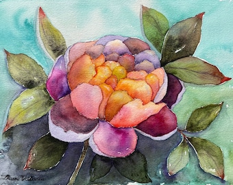 Peony Painting Original Art Peony Watercolor Artwork Flower Botanical Illustration Watercolor Original Painting 9" by 12"by Zhanna Vitkovska