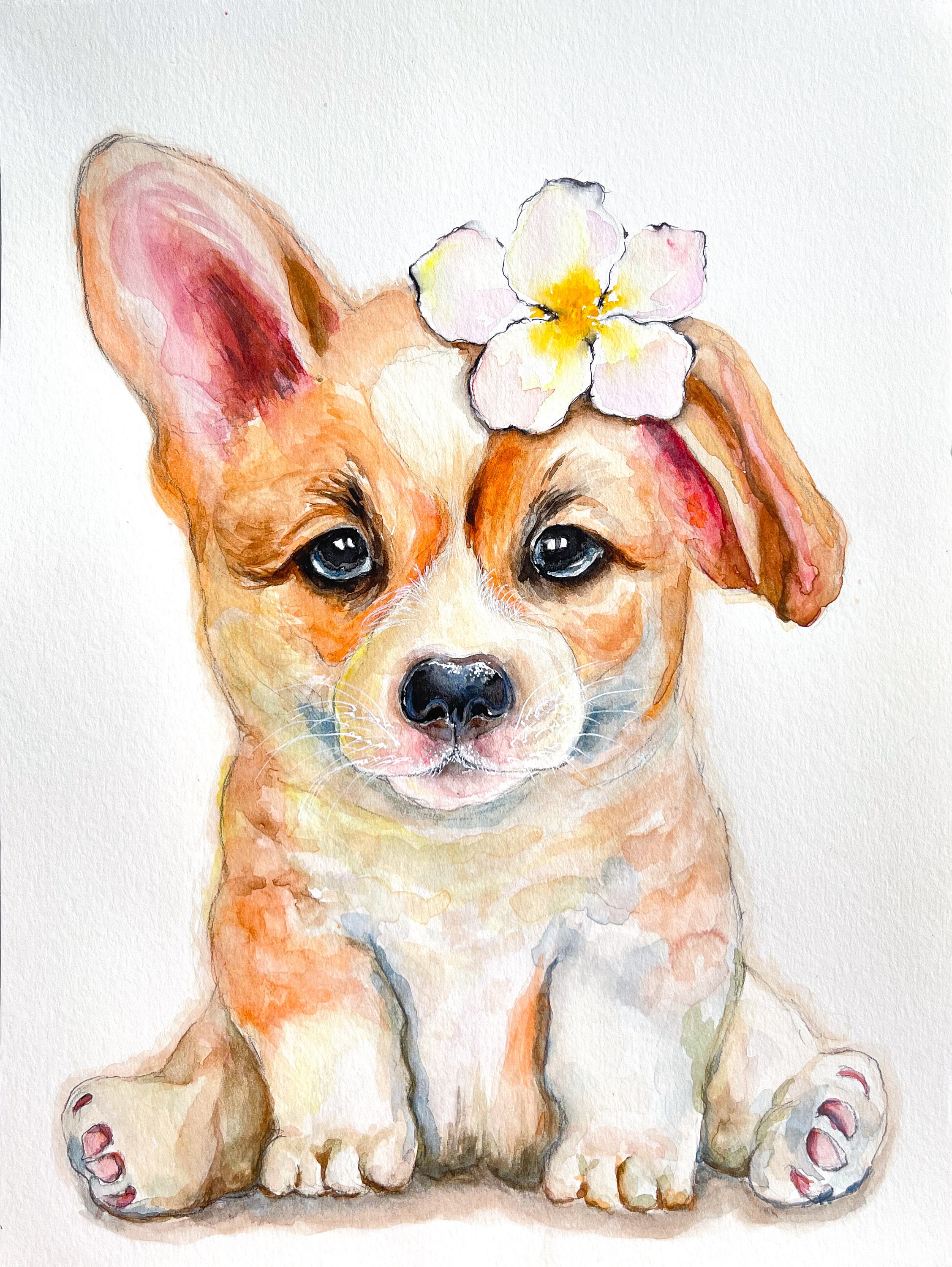 原画 一点物】子犬と海｜手描きアクリル画 F6｜犬の絵・動物