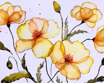 Poppy Painting Original Art California Yellow Poppy Artwork California Watercolor Flowers Original Painting 9" x 12'' by Zhanna Vitkovska