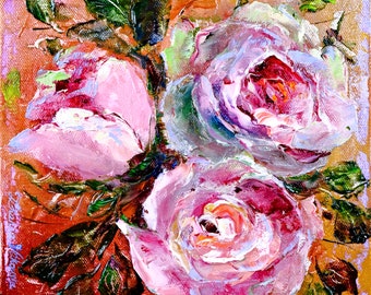 Pink Rose Oil Painting Floral Original Artwork Roses Impasto Painting Roses Bouquet Original Art 8" by 8" by Zhanna Vitkovska