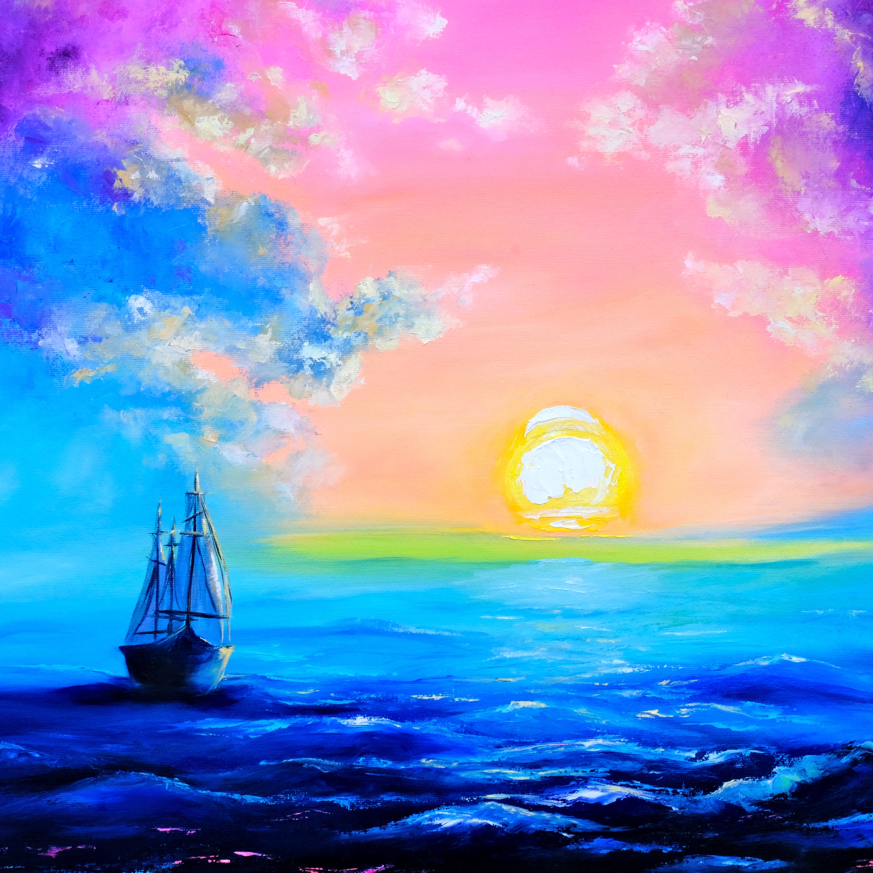 Ship Painting Original Art Pink Sunrise Seascape Artwork Ocean