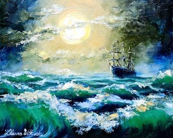 夜の海の油絵：アレクサンダー・シェンデロフによるキャンバスに描かれ