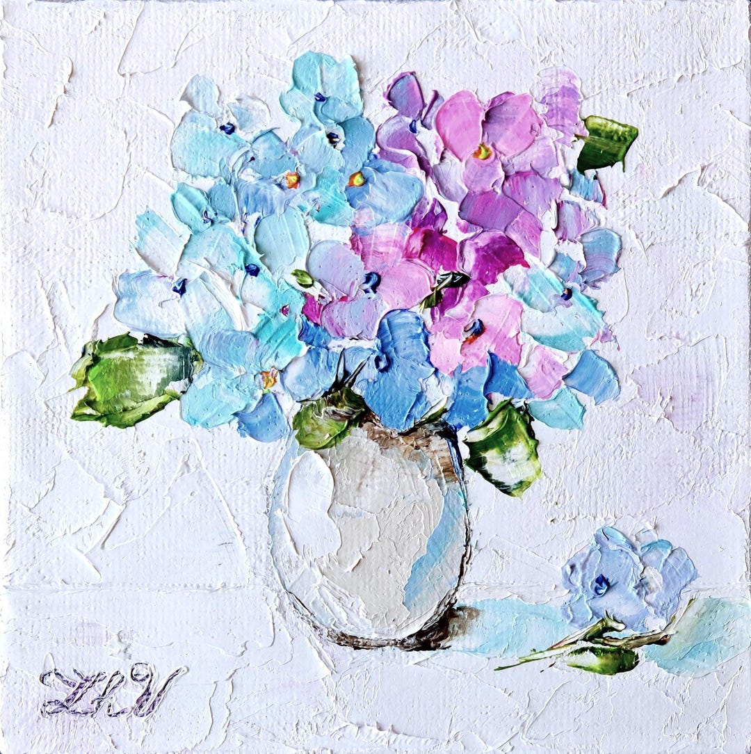 Hydrangea Original Painting Floral Artwork Forget Me Not Small Impasto ...