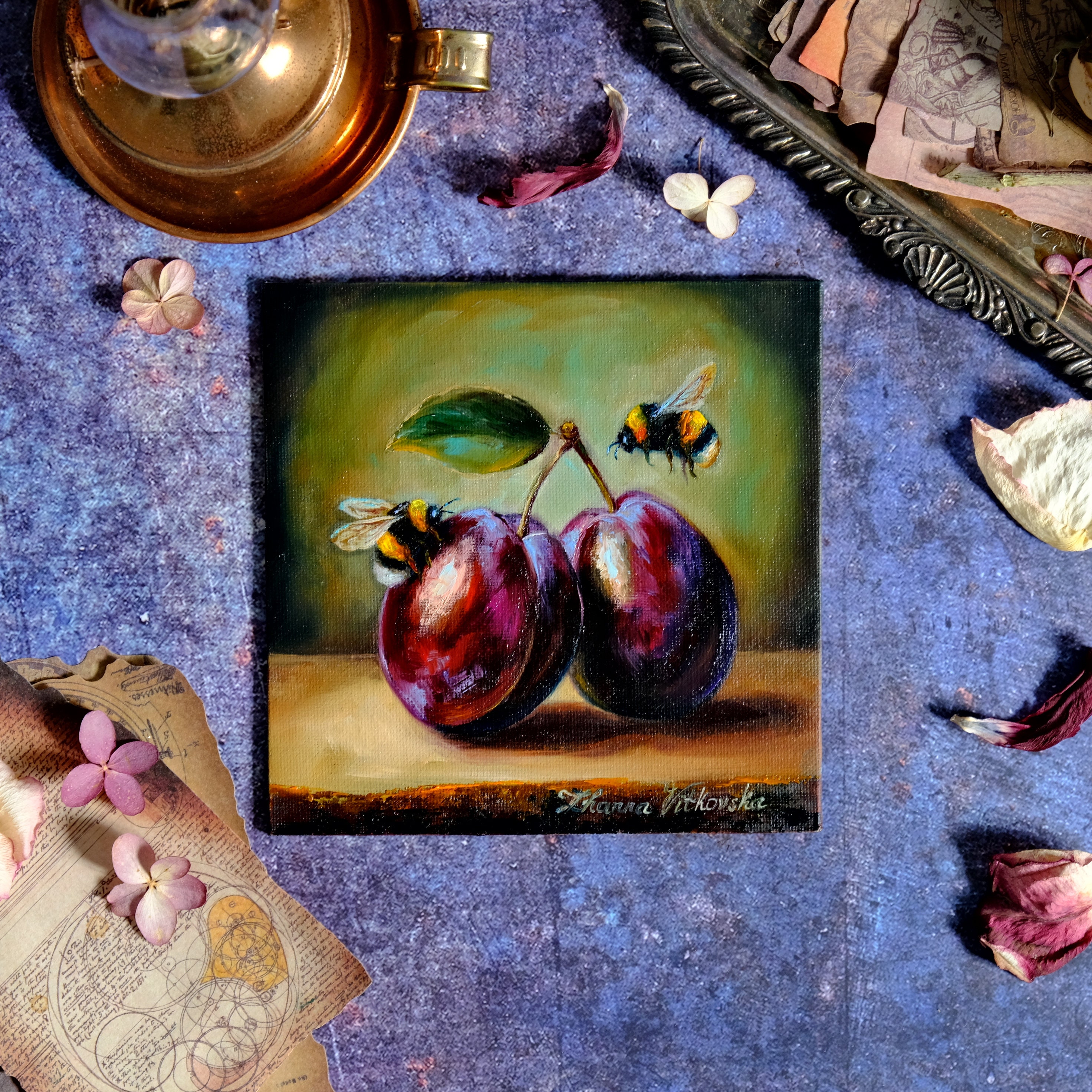 Plum Bumblebee Painting ORIGINAL Art READY to SHIP Fruit Still