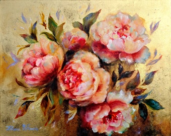 Peony Painting Original Art Baroque Peony Art Oil Flower Painting Gold Leaf Painting Original Painting 16" by 20" by Zhanna Vitkovska