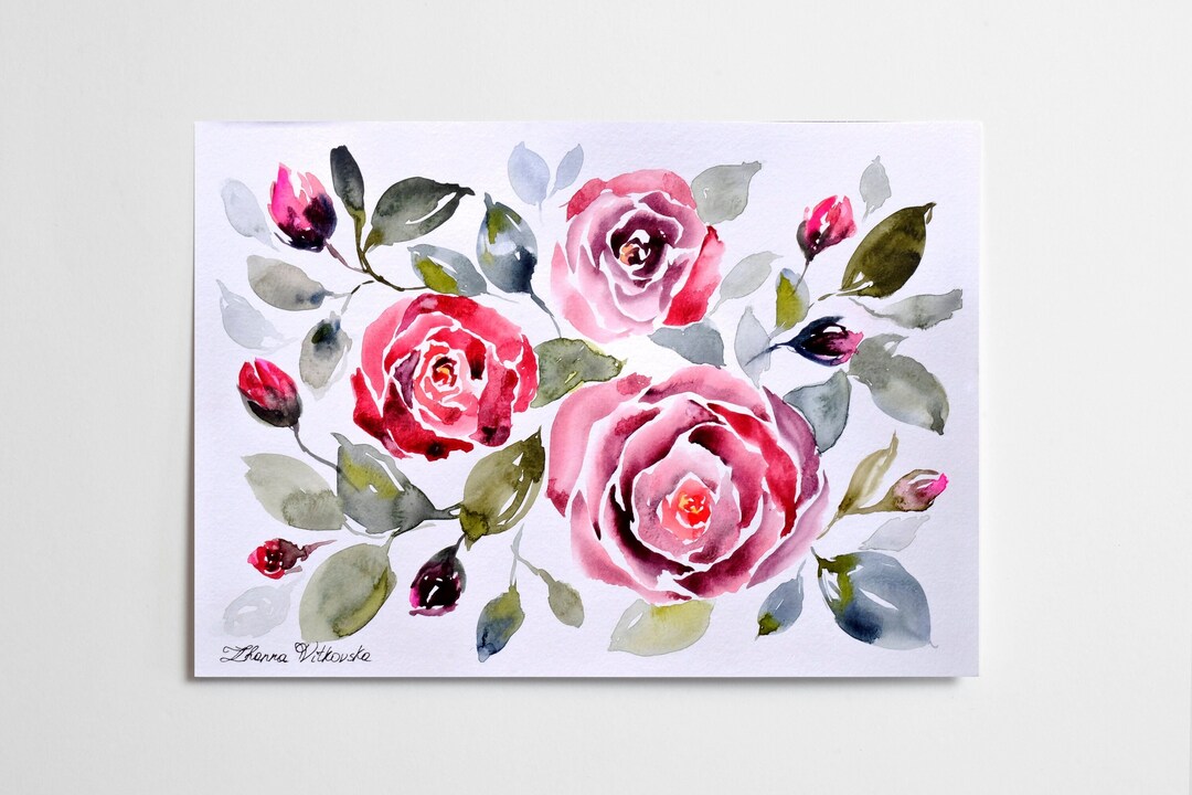 Rose Painting ORIGINAL Art Watercolor Red Rose Artwork Flower ...