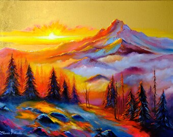 Mount Hood Painting Original Art Sunset Painting Mountain Landscape Artwork Gold Leaf Original Painting 18" by 24" by Zhanna Vitkovska