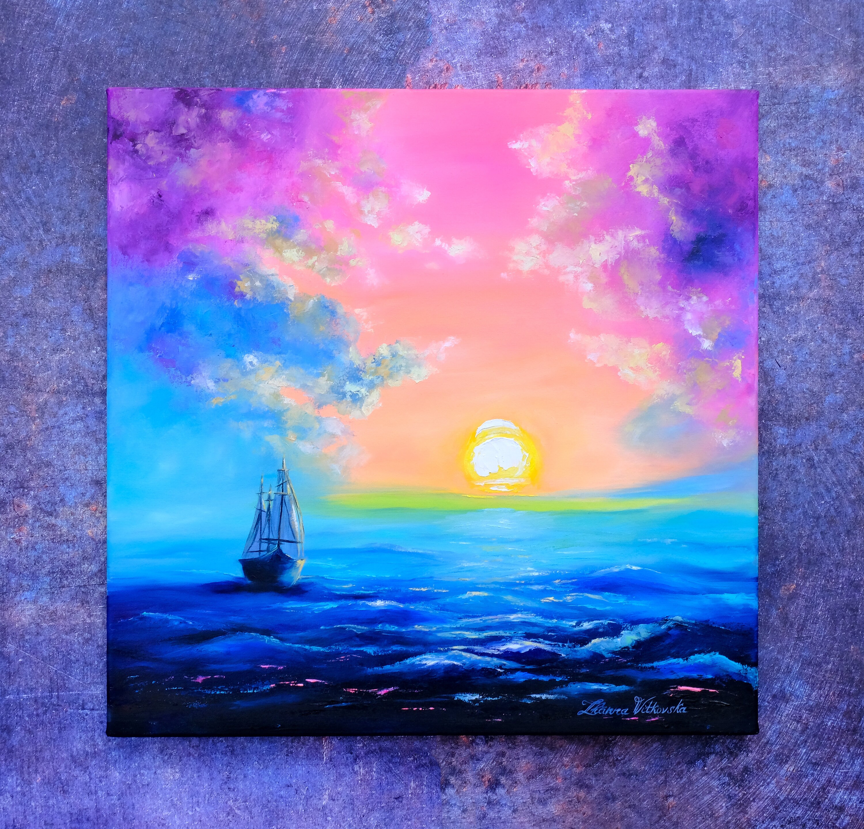 Ship Painting Original Art Pink Sunrise Seascape Artwork Ocean
