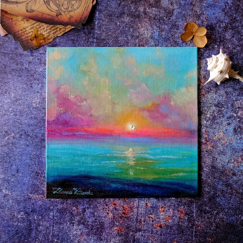 Pink Sunrise Painting Original Painting 8 by 8 Seascape Artwork Ocean