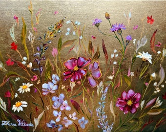 Flower Meadow Painting Original Art Wildflower Artwork Field Artwork Gold Leaf Painting Flowers Landscape 9" by 12" by Zhanna Vitkovska